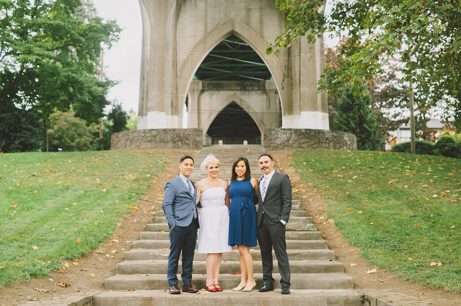 Group photo on the Cathedral Park staircase | Portland Oregon Elopement