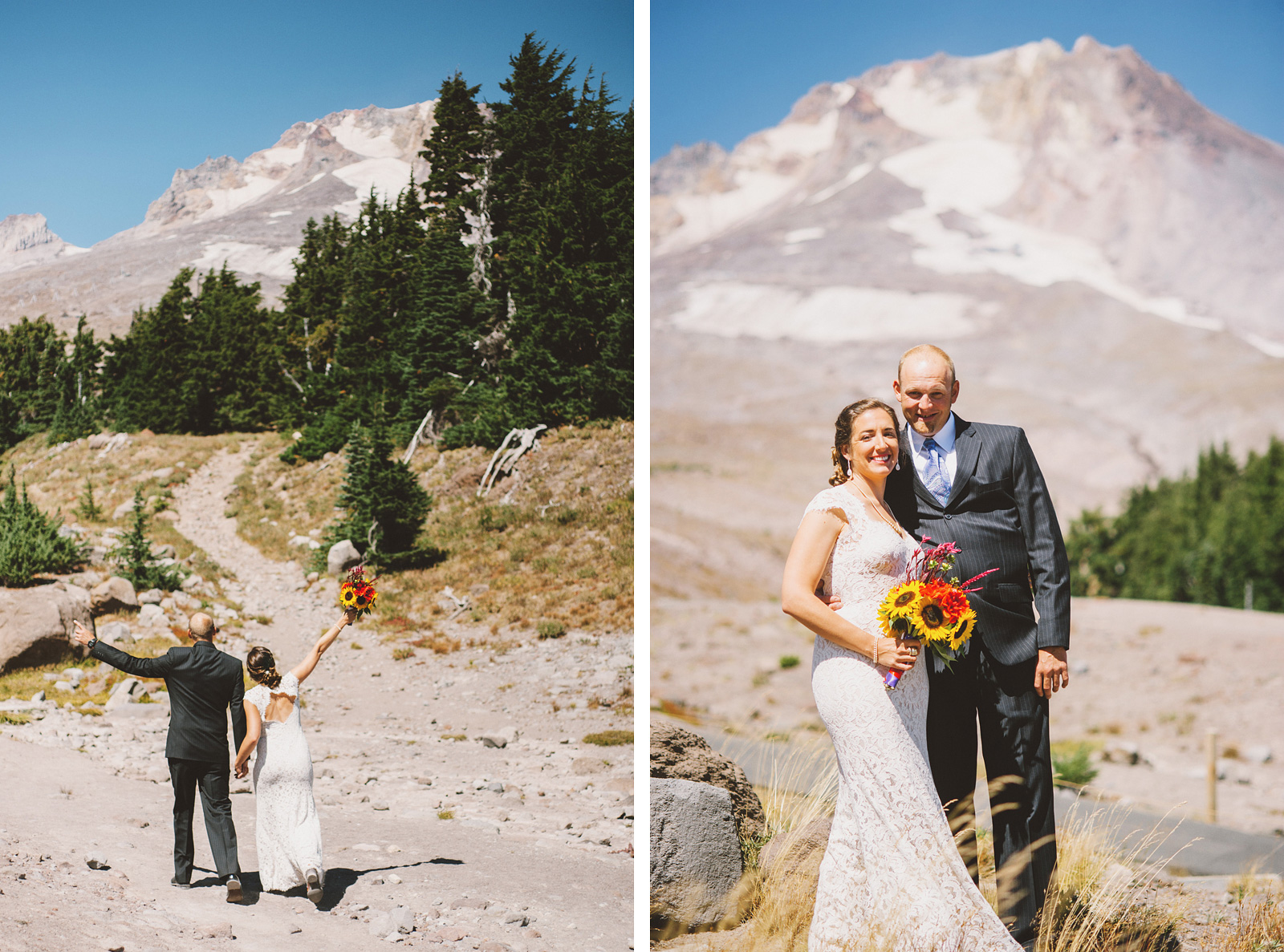 Bride and groom greeting Mt. Hood | Mazama Lodge Wedding