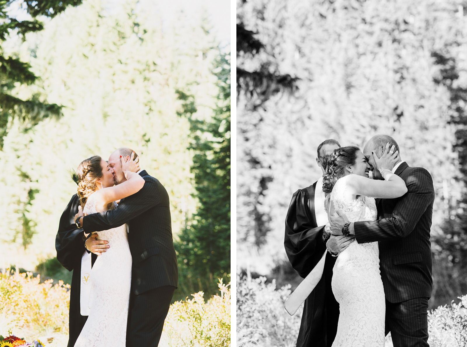 Bride and Groom's first kiss | Mazama Lodge Wedding