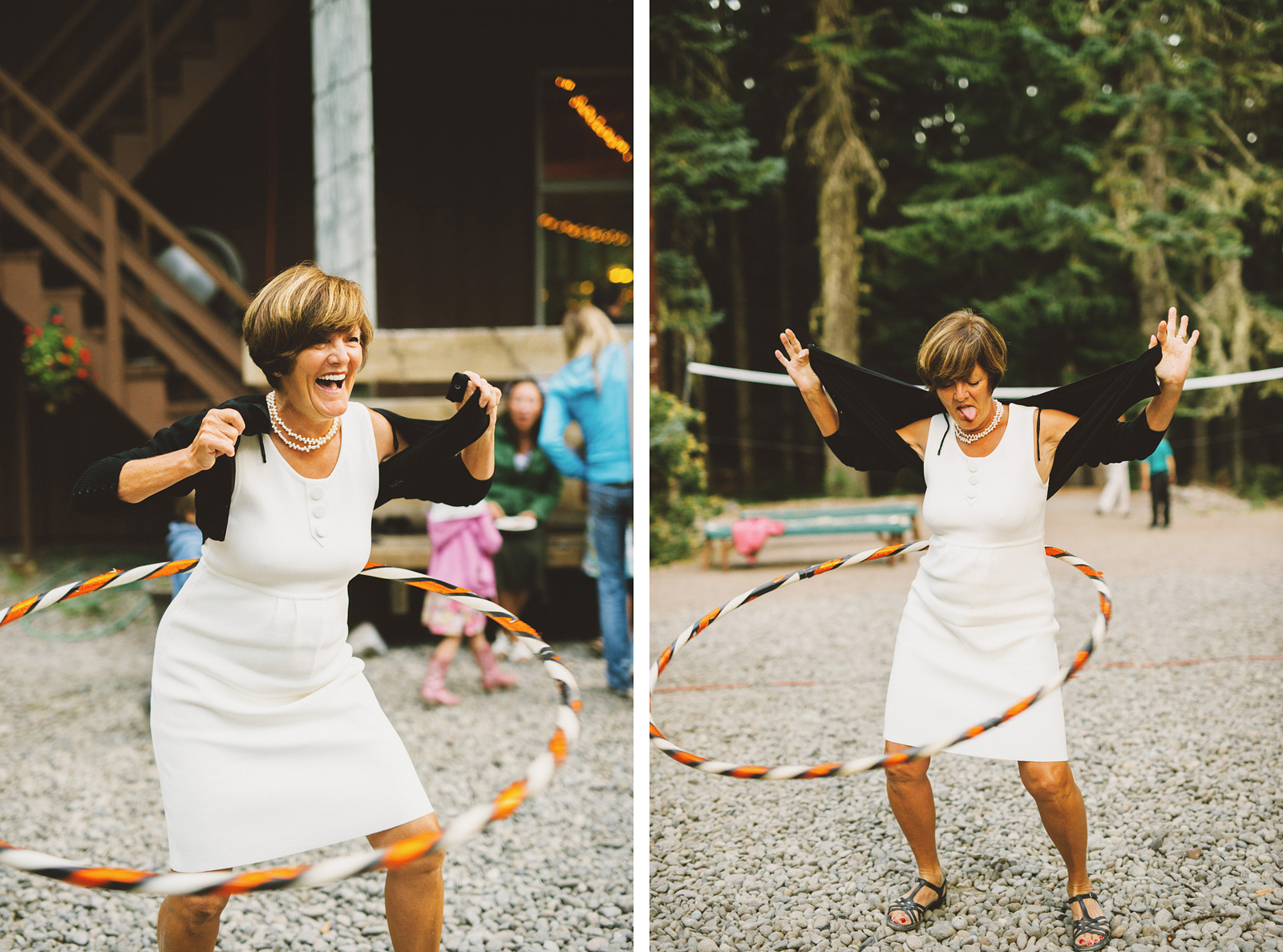 Wedding guests hula hooping at the reception | Mazama Lodge Wedding