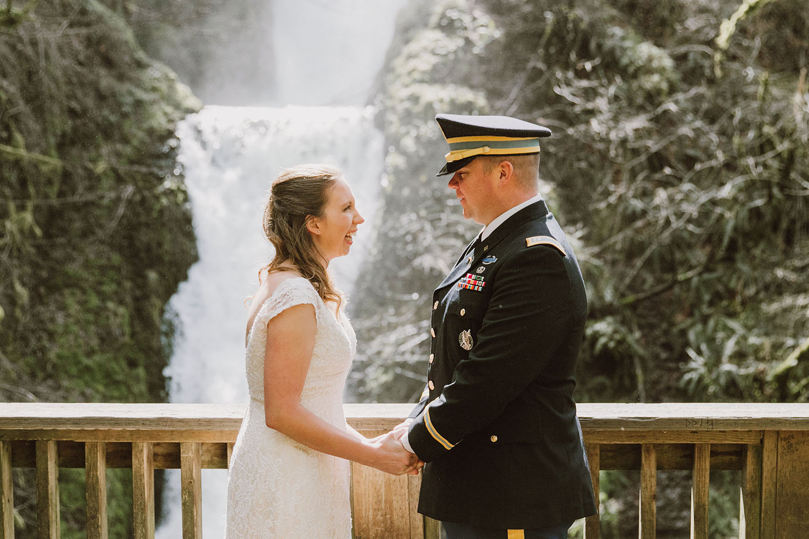 First look on the viewing dock | Bridal Veil Elopement Photographer