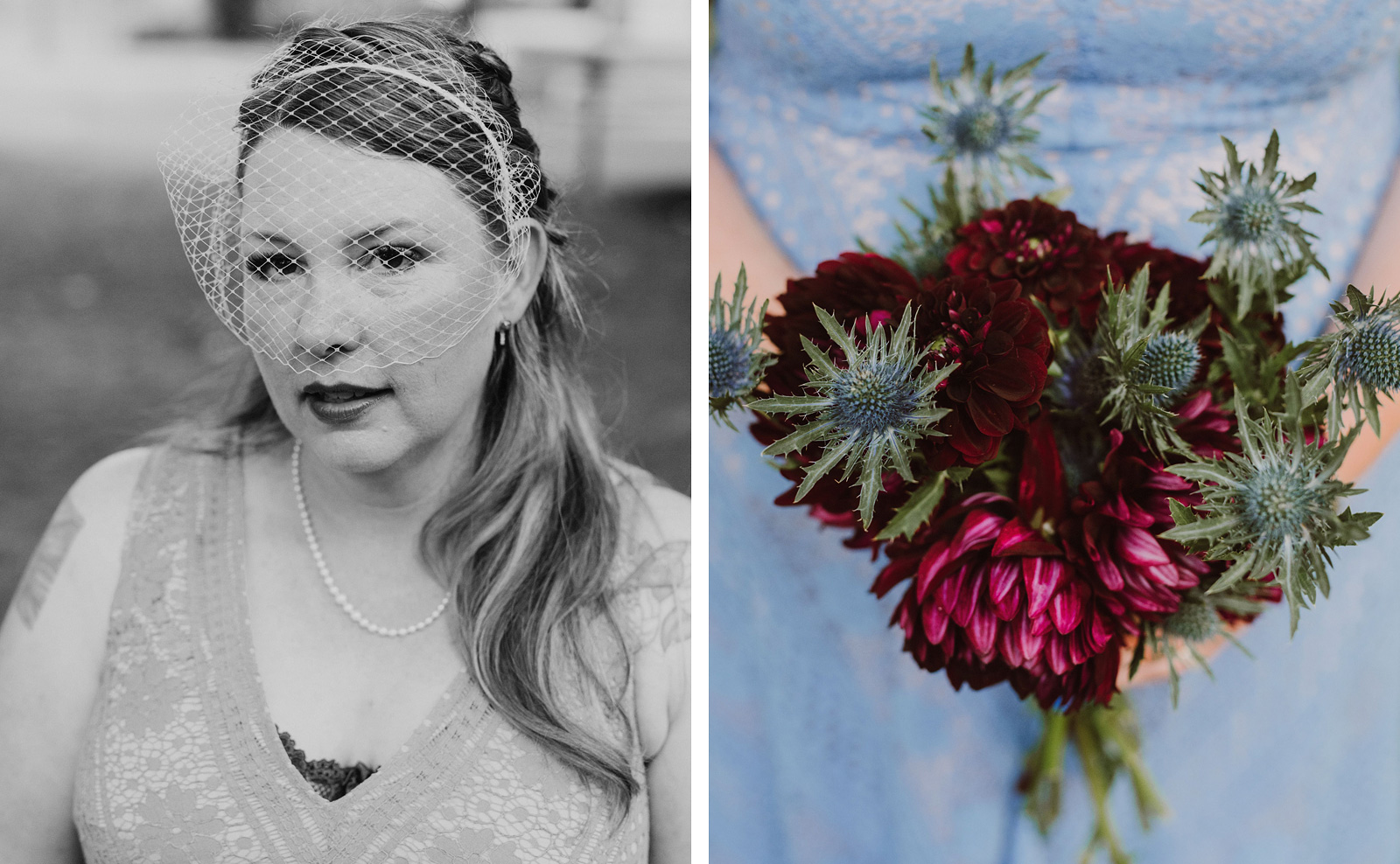 Portrait of bride with a cage veil and bouquet at an intimate Ned Ludd wedding