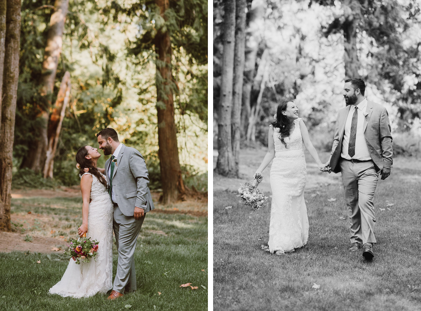 Bride and Groom stealing a kiss in the forest at a Cedarville Lodge Wedding