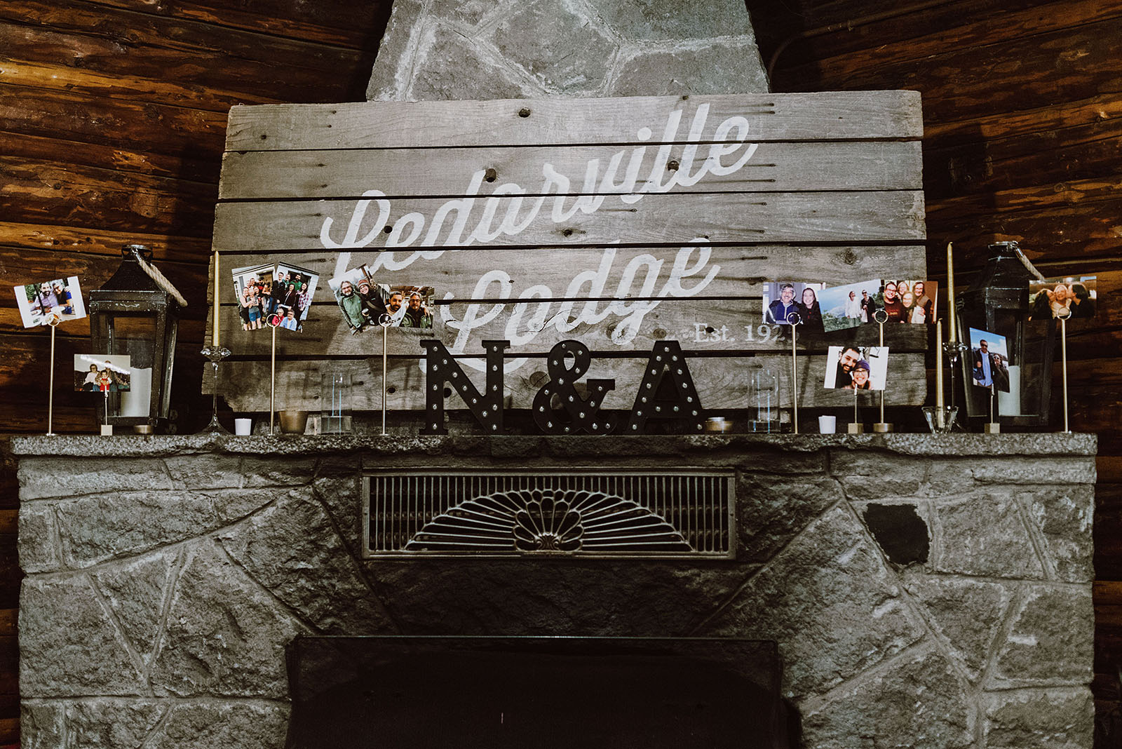 Fireplace decorations at a Cedarville Lodge Wedding