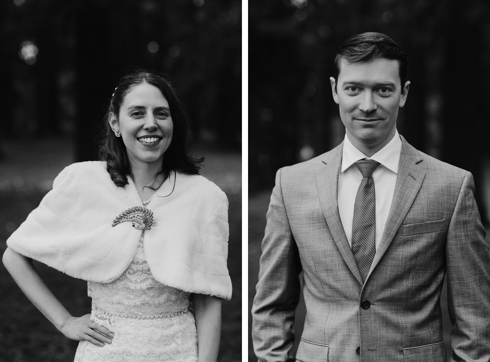 Black and white portraits of Bride and Groom at Mt. Tabor Park