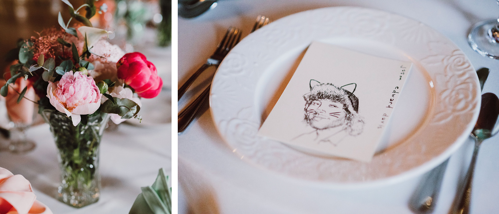 Polaris Hall Wedding decorations with drawings of guests
