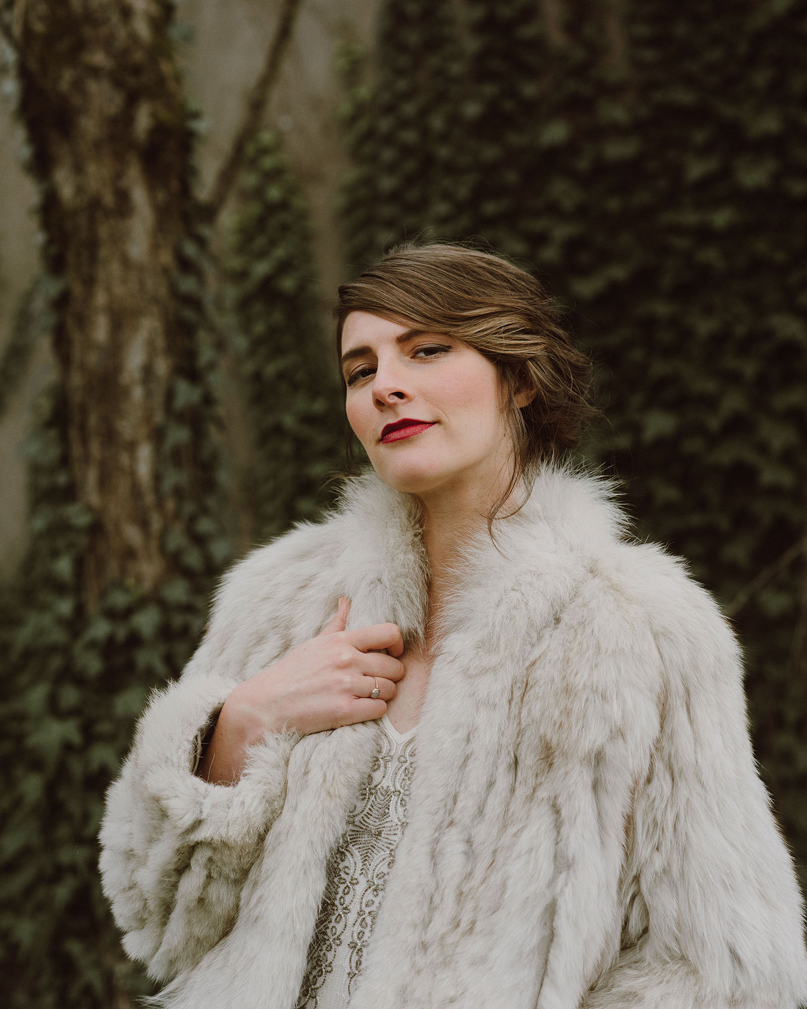 Portland Bridal Photography - Candid photo of Bride in a fur coat