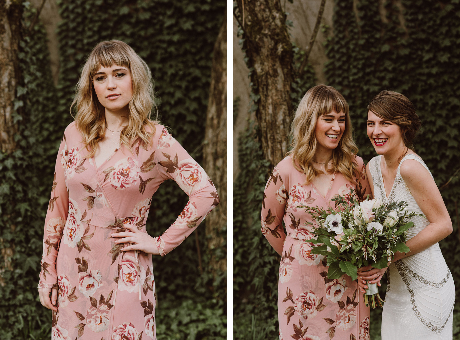 Portland Bridal Photography - Bride and bridesmaid giggling in a backyard