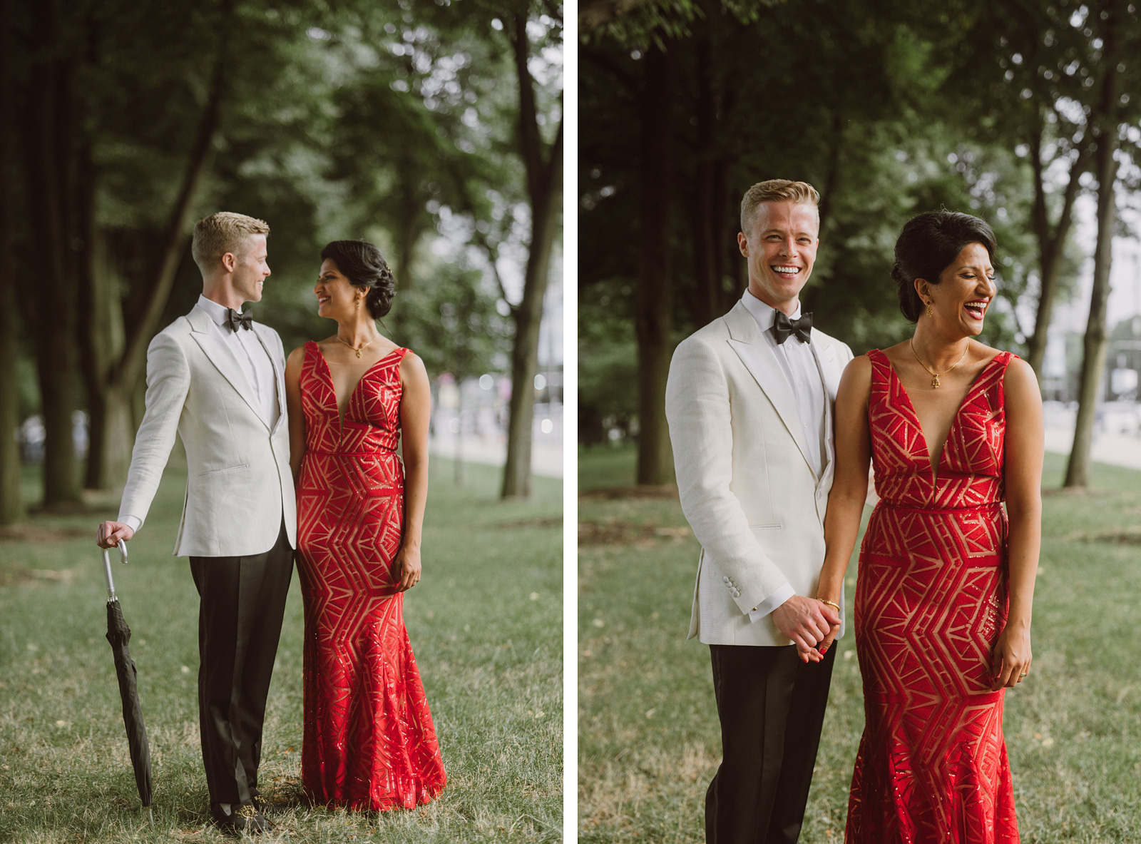 bride and groom in formal wear at a park in Chicago - portland wedding photography