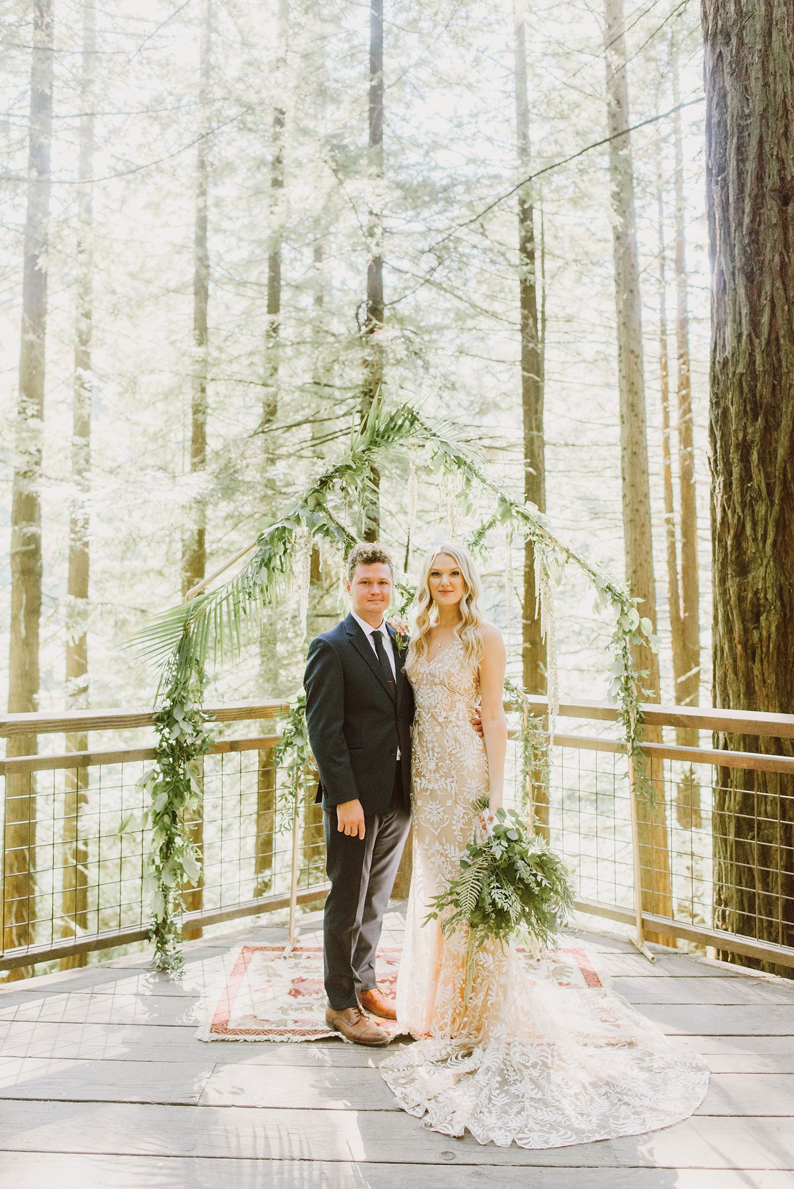 portrait of bride and groom at the altar in Hoyt Arboretum - portland wedding photography