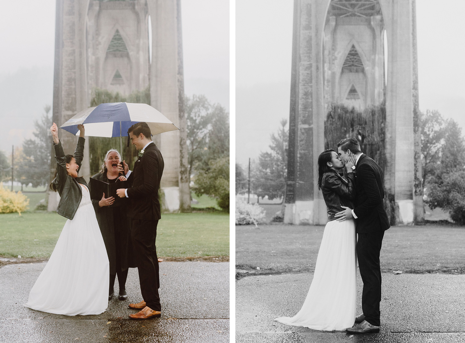 rainy elopement under the St John's Bridge - portland wedding photography