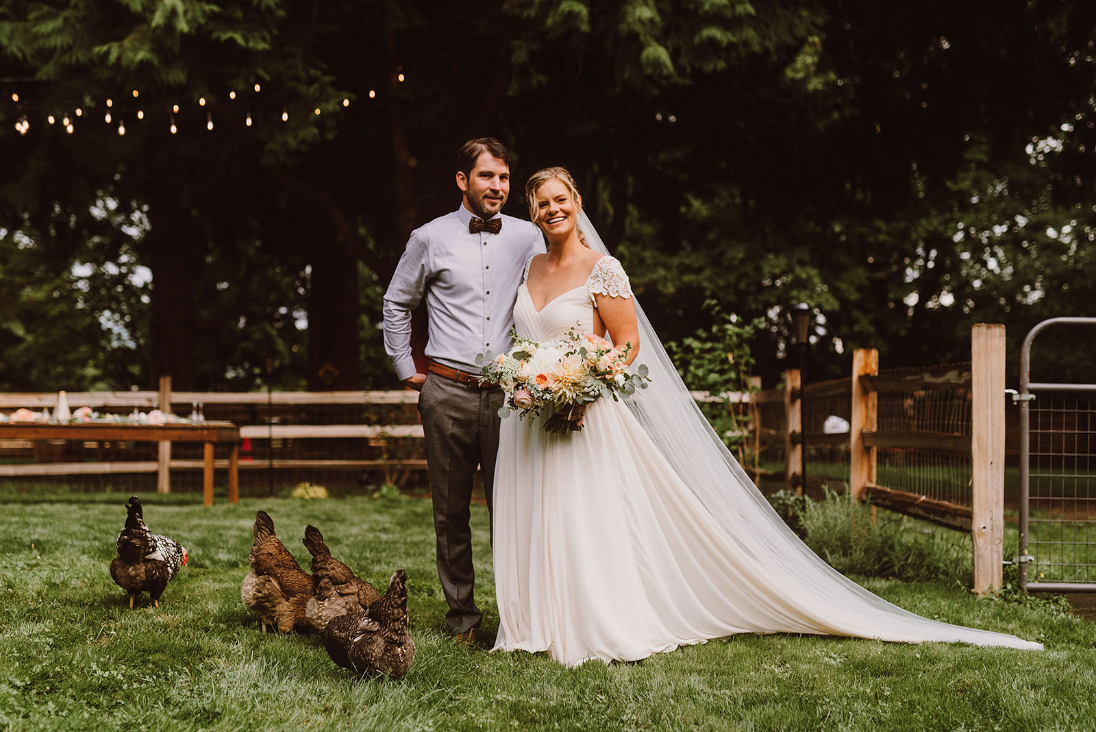 bride and groom posing with their chickens - portland wedding photography