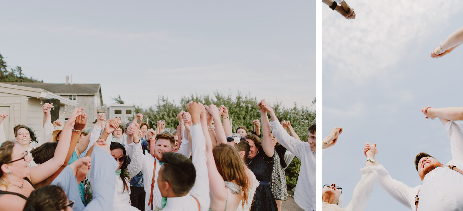 Guests coming together to raise their hands in celebration while dancing during the hora - Oceanside Community Club Wedding on the Oregon Coast” title=