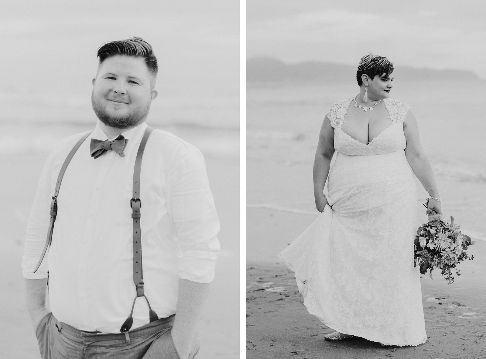 Black and white portraits of the bride and groom on the beach - Oceanside Community Club Wedding” title=